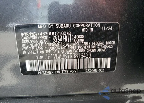 2024 Subaru Wrx из США, поврежденный, VIN JF1VBAB67R9819433